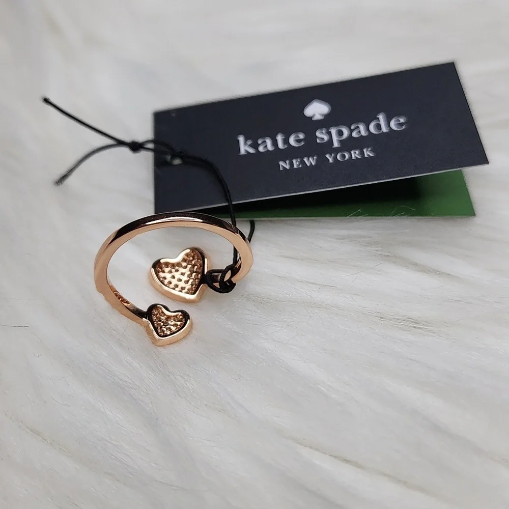 Kate Spade Yours Truly Pave Heart Ring Adjustable Clear/Rosegold - New with Tags